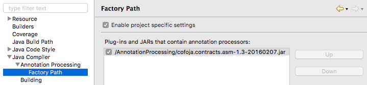 Project &gt; Properties &gt; Java Compiler &gt; Annotation Processing &gt; Factory Path